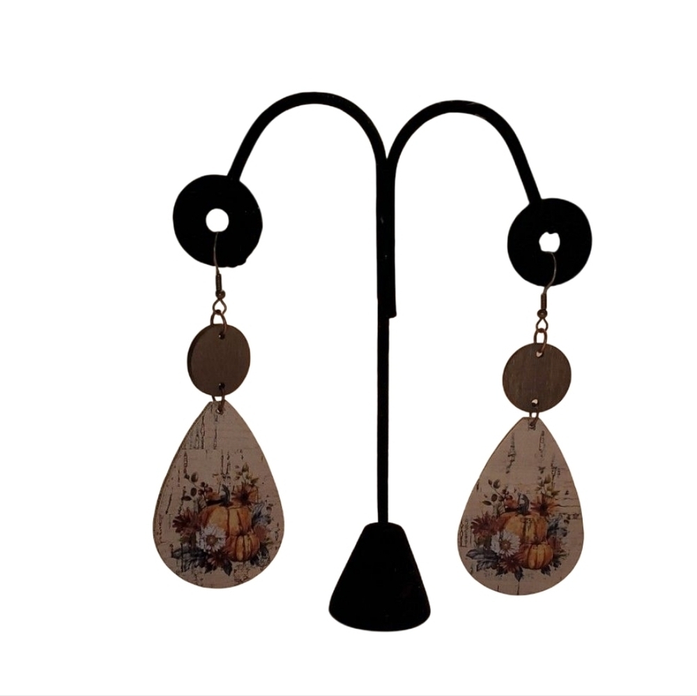 New Fall Earrings Floral Pumpkin Print Cork And Wood Teardrop Lightweight Dangle - Picture 2 of 6